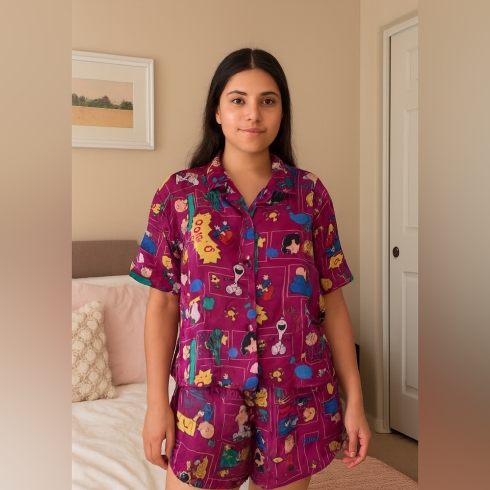 Peanuts Snoopy Cast Raspberry Silk Like Two Piece Short Pajama Set- Size Small